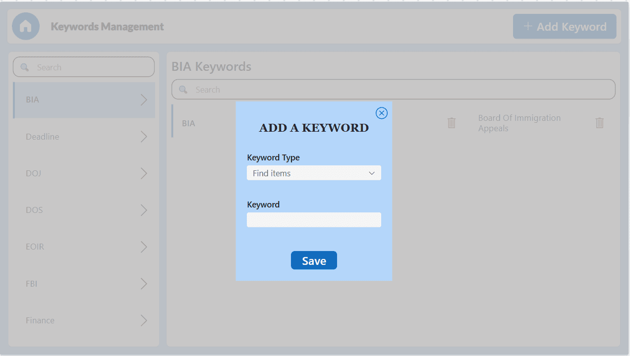 Add keywords screen